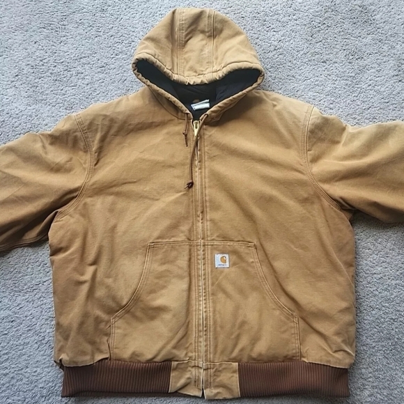 Vintage Carhartt Active Jacket Men 2XL Tan Work Hoodie Quilt Lined Duck Canvas - Picture 2 of 9